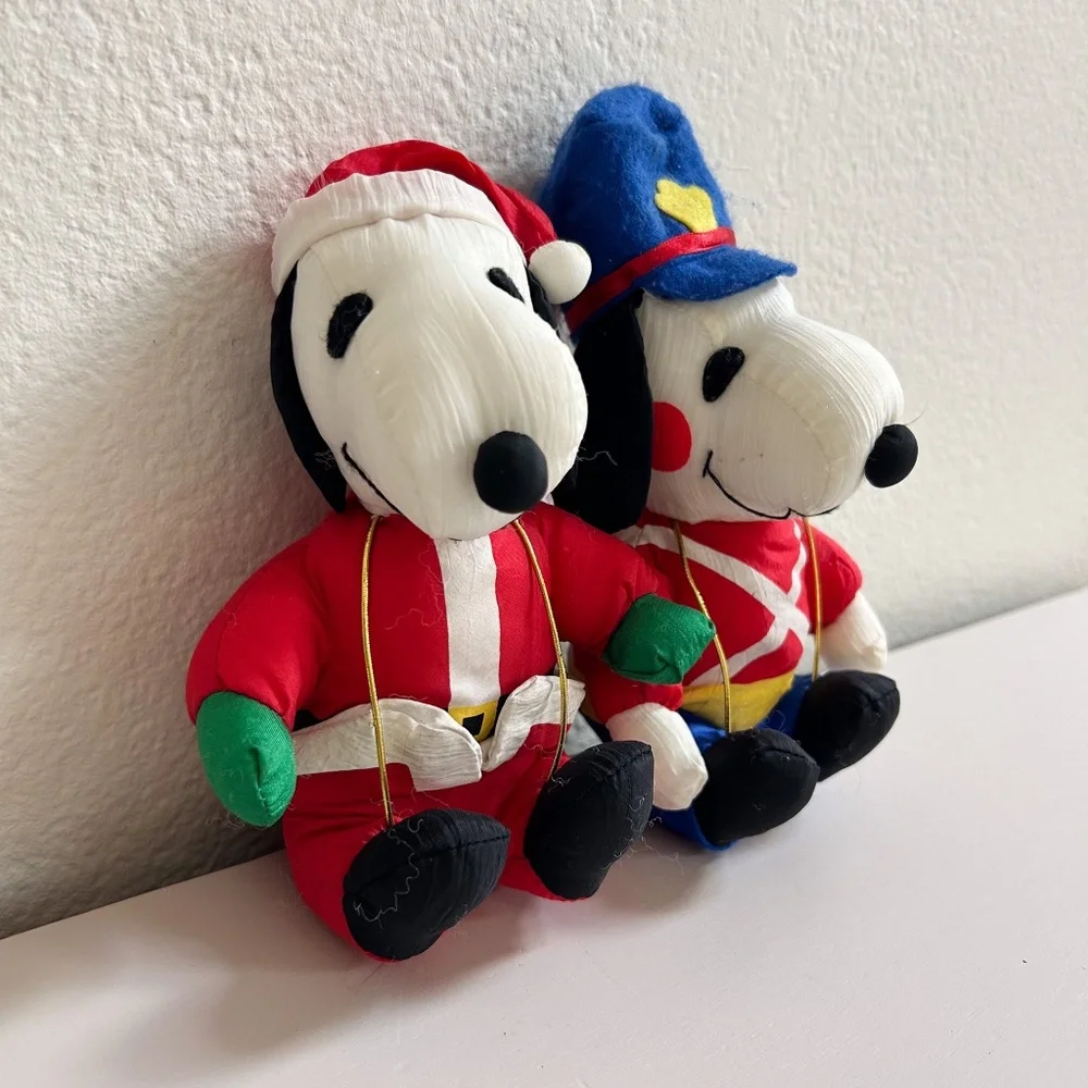 Vintage Snoopy Peanuts Christmas Tree Ornaments Plush set of two, Santa, Soldier